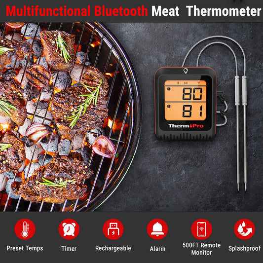 ThermoPro TP17W Digital Meat Thermometer with Dual Probes and Timer Mode  Grill Smoker Thermometer with Large LCD Display in Red